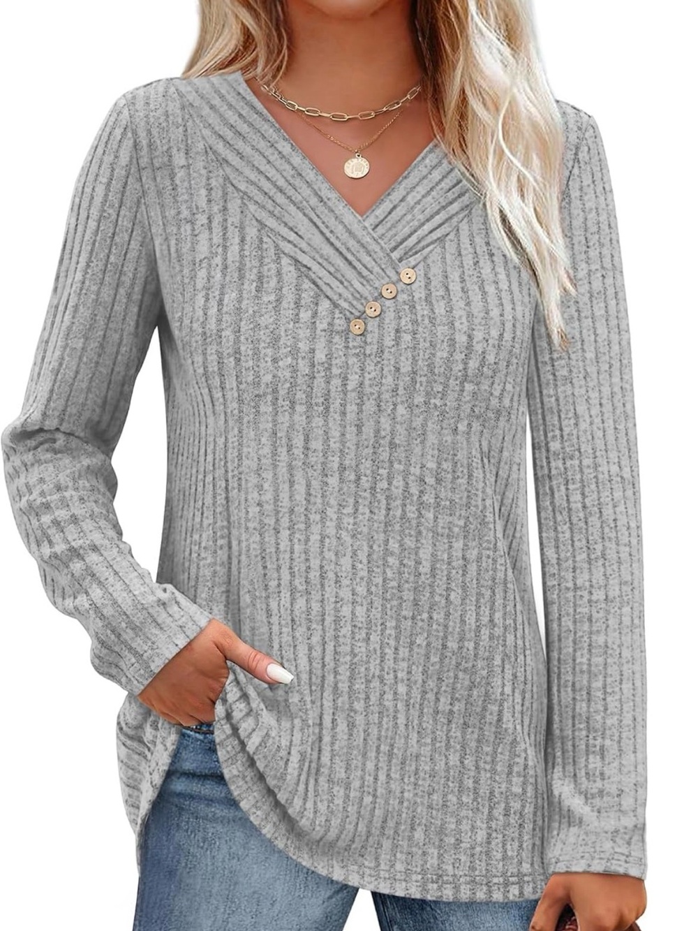 Cozy Ribbed V-Neck Sweater with Button Accent - Gray